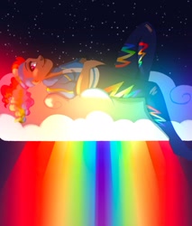 Size: 1601x1883 | Tagged: safe, artist:carouselunique, rainbow dash, human, g4, cloud, curly hair, dark skin, humanized, lying down, lying on a cloud, on a cloud, on back, rainbow, smiling, solo, starry night, starry sky