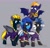 Size: 2360x2250 | Tagged: safe, artist:rutkotka, oc, oc only, oc:blaze (shadowbolt), oc:helmie, oc:whirlwind flux, bat pony, pegasus, pony, bat pony oc, clothes, costume, high res, pegasus oc, shadowbolts, shadowbolts costume, shadowbolts uniform