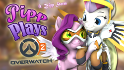 Size: 1920x1080 | Tagged: safe, artist:pika-robo, pipp petals, zipp storm, pegasus, pony, series:pipp plays, g4, g5, 3d, clothes, cosplay, costume, fake thumbnail, female, flying, g5 to g4, gamer pipp, gamer zipp storm, gaming headset, generation leap, goggles, headset, hug, let's play, looking at each other, looking at someone, mare, mercy, overwatch, overwatch 2, royal sisters (g5), siblings, sisters, smiling, source filmmaker, spread wings, tracer, wings, youtube thumbnail