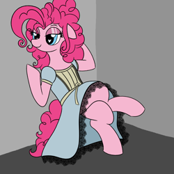 Size: 2500x2500 | Tagged: safe, artist:legendoflink, pinkie pie, earth pony, pony, g4, alternate hairstyle, clothes, crossed legs, dress, female, floppy ears, frilly dress, heart, heart eyes, high res, leaning back, lidded eyes, mare, simple background, solo, wingding eyes