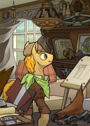 Size: 734x1024 | Tagged: safe, artist:cannibalus, oc, oc only, earth pony, pony, book, clothes, curtains, detailed background, diving helmet, easel, fbi, gun, hat, helmet, interior, muzzle, solo, tommy gun, transistor, window