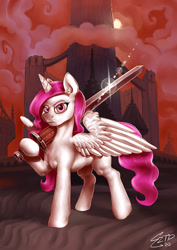Size: 707x1000 | Tagged: safe, artist:eztp, princess celestia, alicorn, pony, fanfic:the tower of the fallen star, g4, dexterous hooves, fanfic, fanfic art, fanfic cover, female, hoof hold, mare, solo, sword, weapon