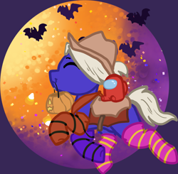 Size: 2103x2059 | Tagged: safe, artist:nootaz, oc, oc only, oc:mallow malt, bat, bat pony, among us, bandana, bat pony oc, clothes, commission, costume, cowboy hat, halloween, halloween costume, hat, high res, moon, saddle, socks, solo, striped socks, wings, ych result