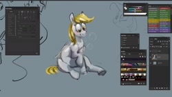 Size: 1874x1054 | Tagged: safe, artist:alumx, derpy hooves, pegasus, pony, g4, blushing, bubble, cute, derpabetes, female, gray background, mare, simple background, sitting, smiling, solo, wip