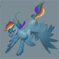 Size: 1490x1490 | Tagged: safe, artist:alumx, rainbow dash, pegasus, pony, g4, blue background, female, flying, grin, mare, missing cutie mark, simple background, smiling, solo, spread wings, wings