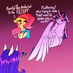 Size: 2048x2048 | Tagged: safe, artist:unfinishedheckery, fluttershy, rarity, twilight sparkle, alicorn, pegasus, pony, unicorn, g4, dialogue, digital art, eyes closed, female, high res, horn, mare, mean girls, open mouth, spread wings, talking, text, trio, twilight sparkle (alicorn), wings