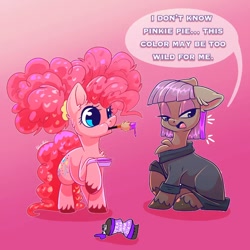 Size: 1080x1080 | Tagged: safe, artist:unfinishedheckery, maud pie, pinkie pie, earth pony, pony, g4, chest fluff, clothes, dialogue, digital art, duo, dye, dyed hair, dyed mane, female, filly, floppy ears, foal, hair dye, lidded eyes, mare, mouth hold, open mouth