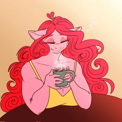 Size: 2048x2048 | Tagged: safe, artist:unfinishedheckery, pinkie pie, earth pony, anthro, g4, breasts, busty pinkie pie, clothes, coffee, coffee mug, digital art, eyes closed, female, floppy ears, high res, mug, shirt, solo