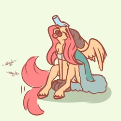 Size: 1080x1080 | Tagged: safe, artist:unfinishedheckery, fluttershy, pegasus, anthro, unguligrade anthro, g4, behaving like a dog, breasts, clothes, costume, digital art, dog ears, eyes closed, female, flutterdog, muzzle, paw gloves, petting, solo, spread wings, thighs, tongue out, wings