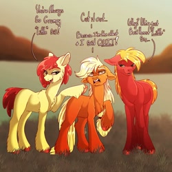Size: 1080x1080 | Tagged: safe, artist:unfinishedheckery, apple bloom, applejack, big macintosh, earth pony, pony, g4, apple siblings, apple sisters, applejack is not amused, bedroom eyes, brother and sister, cheek fluff, chest fluff, dialogue, digital art, eye clipping through hair, female, floppy ears, height difference, height envy, jealous, male, mare, missing cutie mark, older, older apple bloom, open mouth, siblings, sisters, stallion, tail, talking, text, trio, unamused, unshorn fetlocks
