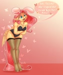 Size: 1707x2048 | Tagged: safe, artist:unfinishedheckery, fluttershy, pegasus, anthro, unguligrade anthro, bare shoulders, bent over, breasts, bunny ears, bunny suit, busty fluttershy, cleavage, clothes, dialogue, digital art, female, floppy ears, legs together, mare, open mouth, sleeveless, solo, speech bubble, stockings, strapless, tail, talking, text, thigh highs, thighs, wings