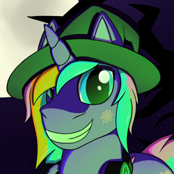 Size: 1000x1000 | Tagged: safe, artist:passionpanther, pony, unicorn, clothes, costume, halloween, halloween costume, hat, holiday, icon, moon, solo, spooky, witch, witch hat
