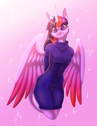 Size: 1575x2048 | Tagged: safe, artist:unfinishedheckery, twilight sparkle, alicorn, anthro, g4, breasts, clothes, curved horn, digital art, dress, female, horn, pose, smiling, solo, tail, thighs, twilight sparkle (alicorn), wide hips