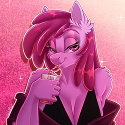 Size: 2255x2255 | Tagged: safe, artist:unfinishedheckery, berry punch, berryshine, earth pony, anthro, g4, abstract background, bedroom eyes, breasts, bust, busty berry punch, clothes, digital art, dress, drunk, female, high res, looking at you, solo, stupid sexy berry punch, tail