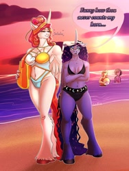 Size: 1536x2048 | Tagged: safe, artist:unfinishedheckery, princess celestia, princess luna, alicorn, anthro, unguligrade anthro, g4, beach, bedroom eyes, belly button, bikini, breasts, busty princess celestia, busty princess luna, clothes, digital art, duo, duo female, female, horn, size difference, swimsuit, tail, thighs, unamused, wide hips, wings