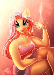 Size: 1489x2048 | Tagged: safe, artist:unfinishedheckery, fluttershy, pegasus, anthro, g4, bare shoulders, breasts, cigarette, clothes, crossed legs, denim, denim shorts, digital art, female, looking at you, shorts, sleeveless, smoking, solo, tail, wings
