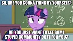 Size: 888x499 | Tagged: safe, edit, edited screencap, screencap, twilight sparkle, alicorn, pony, g4, top bolt, caption, chalkboard, image macro, solo, text, twilight sparkle (alicorn), unamused