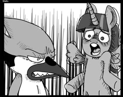 Size: 941x738 | Tagged: safe, artist:elairu, twilight sparkle, alicorn, bird, blue jay, pony, g4, angry, comic, crossover, crossover shipping, female, male, monochrome, mordecai, mordetwi, reference, regular show, shipping, shocked, simple background, straight, twilight sparkle (alicorn), white background, zootopia, zootopia abortion comic