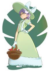 Size: 2160x3166 | Tagged: safe, artist:applephil, diamond tiara, human, g4, annoyed, basket, blushing, clothes, cringing, crossover, dress, ear piercing, earring, gloves, hand on hip, hat, high heels, high res, humanized, jewelry, lady, piercing, poké ball, pokémon, pokémon trainer, shoes, unamused
