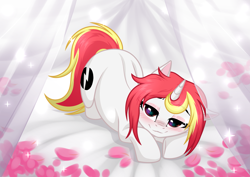 Size: 3465x2454 | Tagged: artist needed, source needed, safe, oc, oc:lazy sunday, pony, unicorn, blushing, commission, curtains, cute, female, high res, petals, solo, ych result