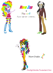 Size: 948x1304 | Tagged: safe, artist:prettycelestia, discord, pinkie pie, rainbow dash, oc, oc:neon oralee, oc:neon zap, human, equestria girls, g4, boots, clothes, female, fusion, fusion:discopinkiedash, fusion:discord, fusion:pinkie pie, fusion:pinkiedash, fusion:rainbow dash, intersex, jewelry, male, multicolored hair, multiple arms, necktie, nonbinary, rainbow hair, ring, shoes, simple background, white background