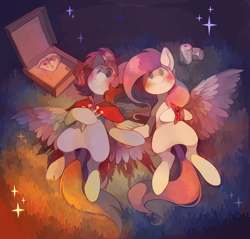 Size: 2100x2006 | Tagged: safe, artist:sony-shock, oc, oc only, oc:bizarre song, oc:sugar morning, pegasus, pony, blushing, duo, female, food, high res, holding hooves, looking up, lying down, male, mare, oc x oc, on back, pegasus oc, pizza, shipping, spread wings, stallion, straight, sugarre, wings