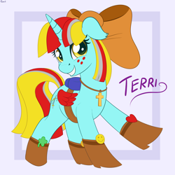 Size: 3000x3000 | Tagged: safe, artist:ziemniax, oc, oc:terri softmare, pony, unicorn, 4chan, bag, boots, bow, clothes, cross, female, hair bow, high res, horn, saddle bag, shoes, simple background, text, unicorn oc