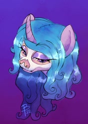 Size: 1000x1414 | Tagged: safe, artist:flutterbree, izzy moonbow, pony, unicorn, g5, bust, face paint, female, gradient background, lidded eyes, mare, ponytober, solo