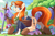 Size: 2480x1617 | Tagged: safe, artist:nignogs, oc, oc only, oc:anon, oc:ginger scotch, oc:nordpone, breezie, earth pony, human, blushing, damsel in distress, fanfic art, female, freckles, grin, guardsmare, hoof boots, imported from ponerpics, imported from ponybooru, male, mare, outdoors, rescue, reversed gender roles equestria, royal guard, size difference, smiling, smug, sweat, sword, tied up, tree, weapon
