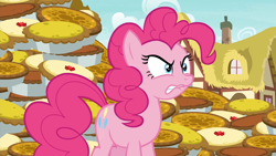 Size: 1920x1080 | Tagged: safe, screencap, pinkie pie, earth pony, pony, g4, season 7, secrets and pies, 1080p, angry, female, food, gritted teeth, implied rainbow dash, lip bite, mare, pie, reaction image, solo, teeth