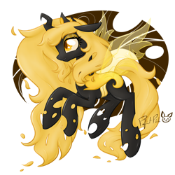 Size: 1280x1280 | Tagged: safe, artist:piichu-pi, oc, oc only, oc:aurelia, changeling, catchlights, changeling oc, cute, eyeshadow, female, makeup, ocbetes, semi-transparent, signature, simple background, solo, tail, transparent background, yellow changeling, yellow eyes, yellow eyeshadow, yellow mane, yellow sclera, yellow tail