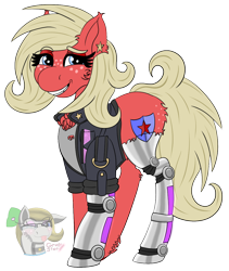 Size: 1008x1197 | Tagged: safe, artist:gray star, oc, oc only, oc:scarlet star, cyborg, earth pony, pony, butt freckles, chest fluff, clothes, cyberpunk, ear fluff, ear piercing, female, fluffy, freckles, glasses, jacket, leather, leather jacket, mare, nighthaze, piercing, simple background, solo, trans female, transgender, transgender oc, transparent background, unshorn fetlocks