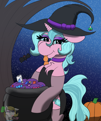 Size: 1000x1200 | Tagged: safe, artist:gray star, oc, oc:candy chip, cyborg, pony, unicorn, the sunjackers, candy, chest fluff, clothes, cloud, collar, energy drink, female, food, halloween, hat, holiday, horn, leggings, pumpkin, unicorn oc, witch costume, witch hat