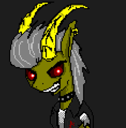 Size: 705x716 | Tagged: safe, artist:damset, oc, oc only, oc:anarchy, bicorn, choker, clothes, horn, looking at you, ms paint, multiple horns, pixel art, punk, red sclera, simple background, solo