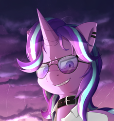 Size: 3000x3200 | Tagged: safe, artist:nihithebrony, starlight glimmer, pony, unicorn, aviator sunglasses, belt, clothes, cloud, cloudy, colored background, female, glasses, grin, high res, looking at you, mare, outdoors, purple background, purple eyes, simple background, smiling, smiling at you, smug, solo, stars, sunglasses, vest