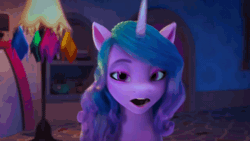 Size: 1280x720 | Tagged: safe, screencap, izzy moonbow, pony, unicorn, g5, my little pony: make your mark, my little pony: make your mark chapter 2, the traditional unicorn sleep-over, spoiler:g5, spoiler:my little pony: make your mark chapter 2, spoiler:mymc02e06, animated, cheerful, close-up, clothes, cute, gif, happy, i watch it for the ears, izzybetes, lamp, scarf, smiling