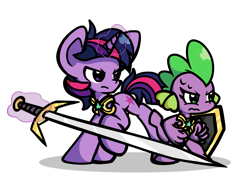 Size: 3642x2596 | Tagged: safe, artist:derp pone, spike, twilight sparkle, dragon, pony, unicorn, g4, barb, dragoness, duo, dusk shine, female, high res, looking offscreen, male, nervous, royal guard, rule 63, shield, simple background, stallion, sweat, sword, weapon, white background