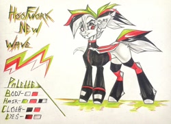 Size: 1280x926 | Tagged: safe, artist:tlen borowski, oc, oc only, oc:hoofwork new wave, bat pony, pony, adopted oc, bat pony oc, black eyeshadow, clothes, colored wings, ear piercing, ear tufts, earring, eyebrow piercing, eyeshadow, fangs, folded wings, gloves, goth, hockless socks, jacket, jewelry, judging, leather, leather jacket, lip piercing, makeup, multicolored hair, multicolored mane, multicolored tail, piercing, ponytail, red eyes, reference sheet, serious, slit pupils, socks, solo, standing, tail, traditional art, wings, zipper