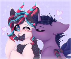 Size: 2400x2000 | Tagged: safe, artist:saltyvity, oc, oc only, monster pony, original species, pony, spider, spiderpony, unicorn, black hair, blue background, blue eyes, blue hair, blushing, cute, ear fluff, fluffy, heart, high res, horn, horns, simple background, sparkles, white body