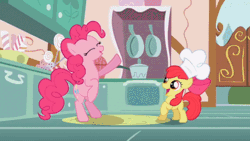 Size: 520x293 | Tagged: safe, screencap, apple bloom, pinkie pie, earth pony, pony, call of the cutie, g4, season 1, animated, breaking the fourth wall, cupcakes song, food, gif, non creepypasta, singing