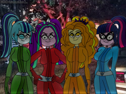 Size: 2560x1920 | Tagged: safe, artist:rdj1995, adagio dazzle, aria blaze, sci-twi, sonata dusk, twilight sparkle, human, equestria girls, g4, clothes, costume, female, group, halloween, holiday, quartet, real life background, the dazzlings, totally spies