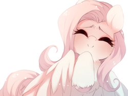Size: 1024x768 | Tagged: safe, artist:loyaldis, fluttershy, pegasus, pony, g4, bust, chest fluff, crying, eyes closed, female, full face view, mare, raised hoof, simple background, smiling, solo, teary eyes, unshorn fetlocks, white background, wings