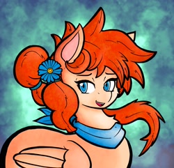 Size: 2500x2405 | Tagged: safe, artist:facadeart, oc, oc only, oc:zinnia, pegasus, pony, accessory, blue eyes, clothes, commission, flower, flower in hair, high res, orange hair, pegasus oc, solo, tan coat