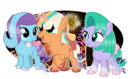 Size: 1134x704 | Tagged: safe, artist:nightlightartz, glory (g5), peach fizz, seashell (g5), earth pony, pegasus, pony, unicorn, g4, g5, my little pony: make your mark, my little pony: make your mark chapter 2, spoiler:my little pony: make your mark chapter 2, bow, female, filly, foal, g5 to g4, generation leap, looking at someone, open mouth, open smile, pippsqueak trio, pippsqueaks, simple background, smiling, tail, tail bow, transparent background, trio, trio female, unshorn fetlocks