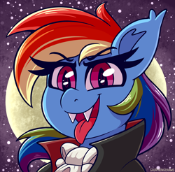 Size: 3000x2950 | Tagged: safe, artist:graphene, rainbow dash, bat pony, undead, vampire, g4, cape, clothes, fangs, female, full moon, halloween, high res, holiday, mare, moon, multicolored mane, night, night sky, open mouth, sky, solo, stars, tongue out