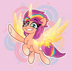 Size: 2202x2187 | Tagged: safe, artist:nekro-led, sunny starscout, alicorn, earth pony, pony, g5, my little pony: a new generation, abstract background, flying, high res, mane stripe sunny, race swap, solo, sunnycorn