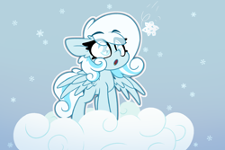Size: 3000x2000 | Tagged: safe, artist:nekro-led, oc, oc only, oc:snowdrop, pegasus, pony, blind, cloud, cute, ears back, eye clipping through hair, gradient background, high res, snow, snowfall, snowflake, spread wings, wings