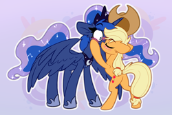 Size: 3000x2000 | Tagged: safe, artist:nekro-led, applejack, princess luna, alicorn, earth pony, pony, g4, applebutt, bipedal, blushing, butt, cowboy hat, cute, duo, ears back, eyes closed, female, hairband, hat, high res, kiss on the lips, kissing, lesbian, mare, plot, scrunchy face, ship:lunajack, shipping, spread wings, surprise kiss, surprised, wings