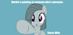 Size: 1280x615 | Tagged: safe, artist:milkyboo898, edit, editor:adamleisemann, marble pie, earth pony, pony, g4, blue background, bronybait, cute, female, marblebetes, mare, meme, open mouth, pointing, simple background, solo, text edit