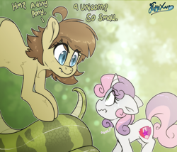 Size: 3500x3000 | Tagged: safe, artist:fluffyxai, sweetie belle, oc, oc:saria, pony, snake, unicorn, g4, curious, forest, high res, nagapony, nervous, scared, speech, sweat, sweatdrop, tail, talking, text